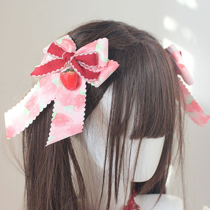Pink Strawberry Print Bowknot Hairclips