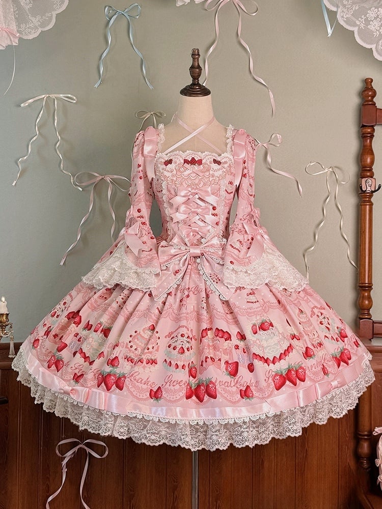 Erdbeerstück-Druck Glockenärmel Lolita Langes süßes rosa Kuchenkleid