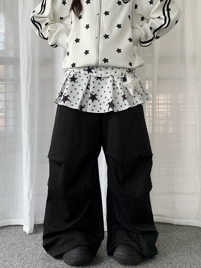 Patchwork Black Pants with Star-patterned Design Y2K Pull-on Skirt Wide-leg