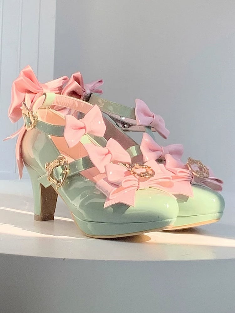 - Hime Snap Intricate Mary Fastener Pink Bow Lolita Details Janes High-heel Green Heart-shaped