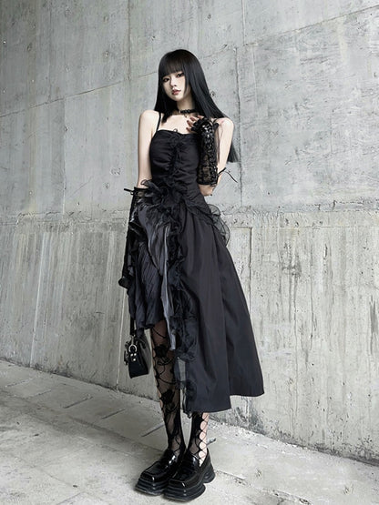 Black Asymmetrical Hem Flounce Trim Glamorous Cami Dress