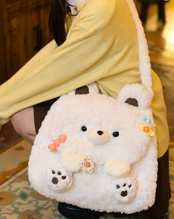 ホワイトベアぬいぐるみフラップバックパックバッグ ミドル/ラージサイズ