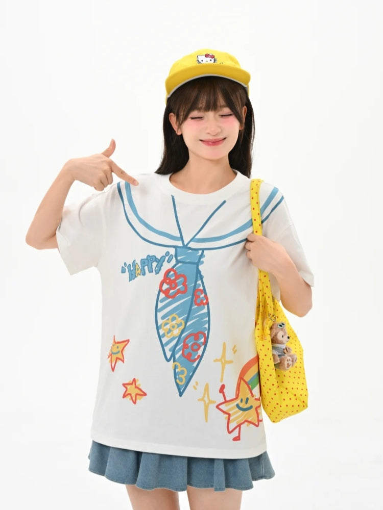 ホワイト ラウンドネック セーラーカラー プリント ゆったり かわいい Tシャツ