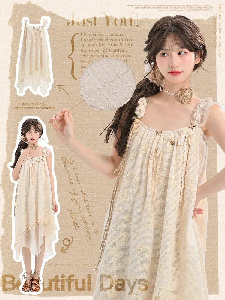 and Butterfly Accents Apricot Jacquard Dress with Tassel Hem Sleeveless Handkerchief Floral Hem