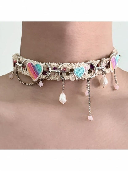 Y2K Multicolor Heart Choker with Pendant Chain - YSHXS
