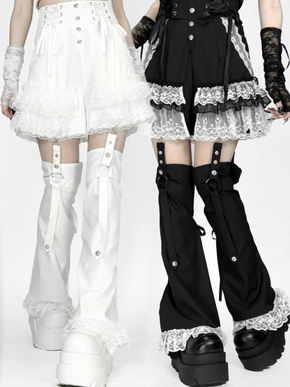 Lace Jirai Black/White/BlackWhite Warmers and with Waist Y2K Shorts: Kei Trim in Tiered Leg Detachable Lace-Up