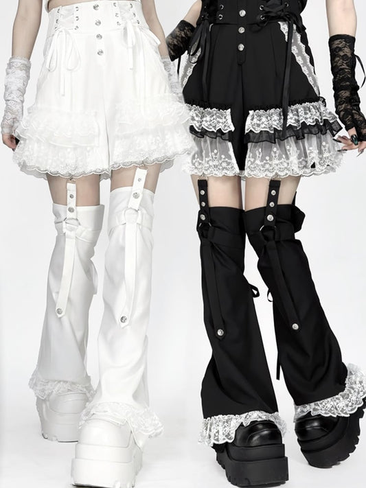 Lace Jirai Black/White/BlackWhite Warmers and with Waist Y2K Shorts: Kei Trim in Tiered Leg Detachable Lace-Up