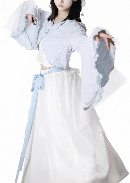 フリートップノットチャイナドレススタイルクロップドキャミソールボタンベ​​ルスリーブブルーカーディガン