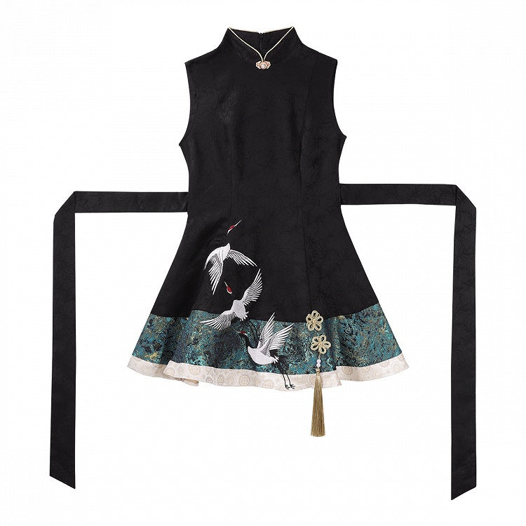 Green Chinoiserie + Balck White Cropped Crane Dress Lolita Tassel Top with Accents Embroidery