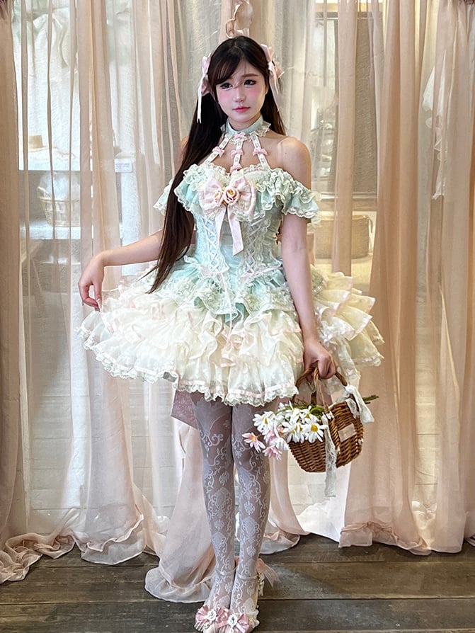 Stufenrock Neckholder Kei Fee Rüschen Hals Korsett Spitze Prinzessin Kleid Taille Mintgrün