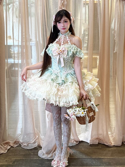 Stufenrock Neckholder Kei Fee Rüschen Hals Korsett Spitze Prinzessin Kleid Taille Mintgrün