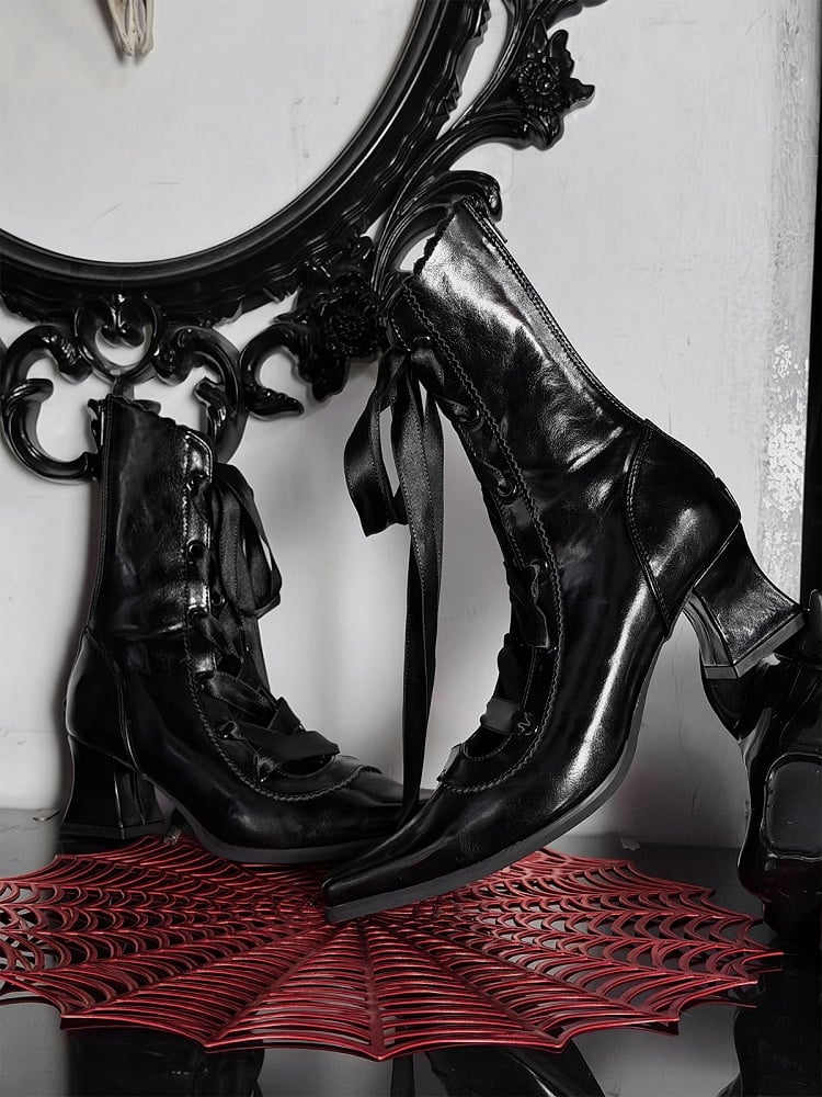 Polished Gothic Pointed-Toe Boots, Lace-Up & Back Zip, Black - EvilStar