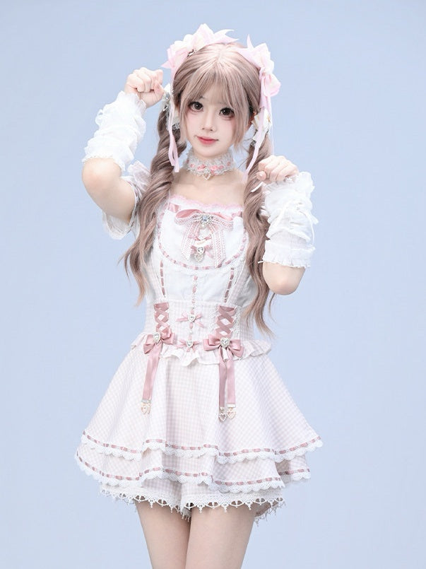 Pink Gingham Ryousangata Overall Skort with Bow Lace Details - Broken Bear