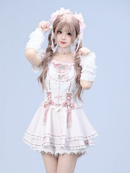 Pink Gingham Ryousangata Overall Skort with Bow Lace Details - Broken Bear