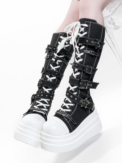 Y2K Canvas Punk Buckle - Black Platform Knee-Highs