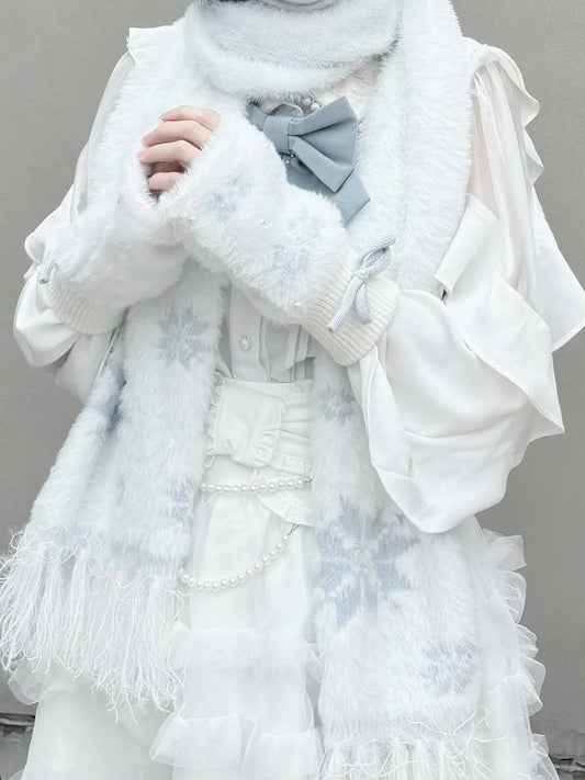 Snowflake  Bead Accents Knit Fingerless Gloves with Silver Bowknot and White