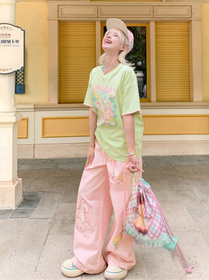 Accents Green Round Neck Teddy Bear Print Knit Loose T-shirt Floral