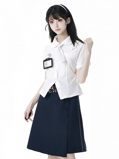 ユニフォームネイビーブルーJK膝丈スカート（ダブルバックルベルト付き）