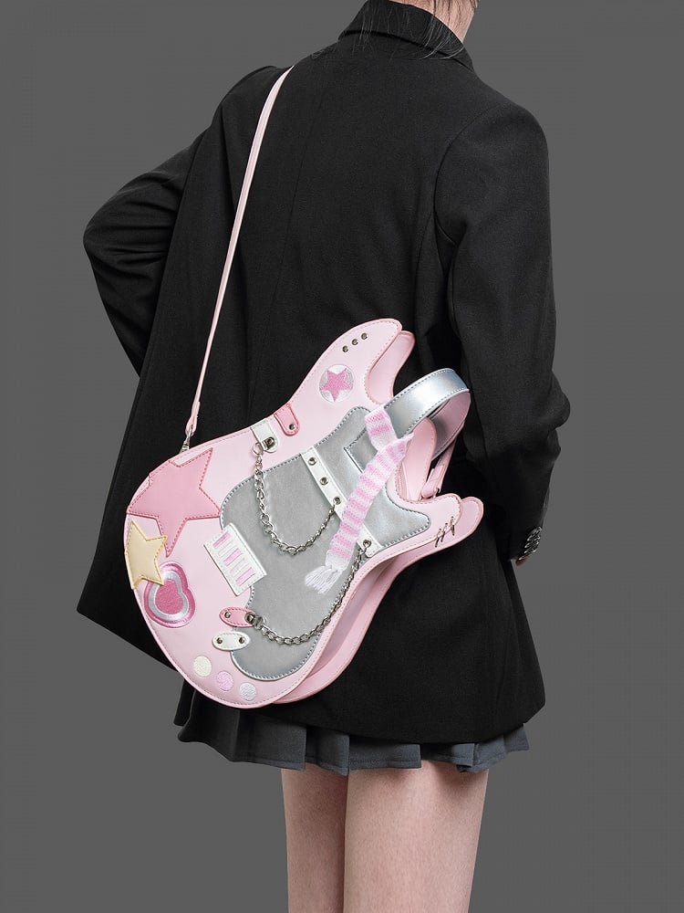 Design Bag Guitar-shaped Pink Silver Star Sweetheart Embroidered