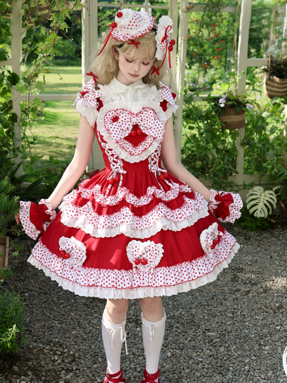 Crimson Cherry Polka-Dot Lace JSK with White Trim - Rosede Cheese