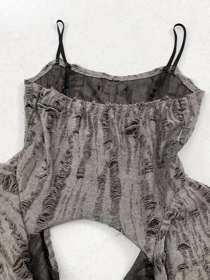 パンクアクセント ラッフルトップ ディストレストディテール ウェイストランド カスケードキャミソール グレー