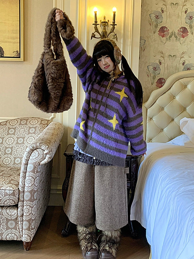 Stripe with Purple Pattern Star Zip-up Y2K Knit Jacket