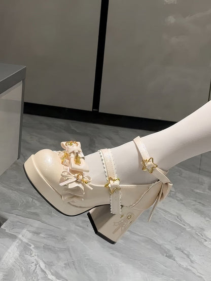 Beige High-heel Lolita Heel Starry with Closure Magic Embroidery Shoes Hime Wand Snap