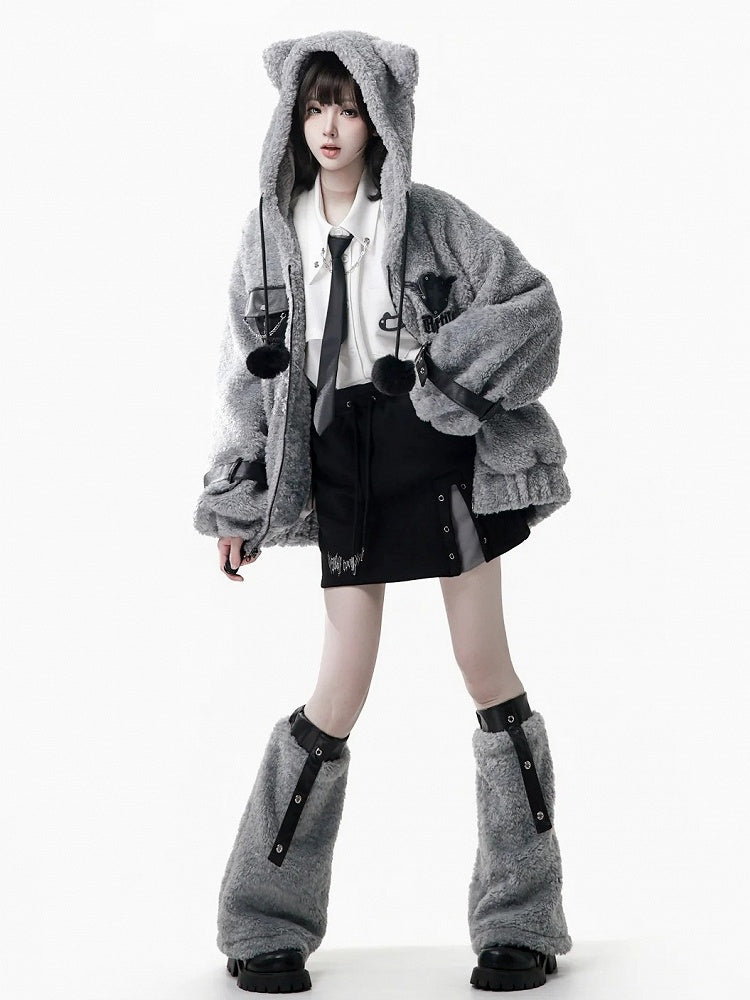 Hooded Pompon Ear Charm Jacket - Grey Plush Kitty