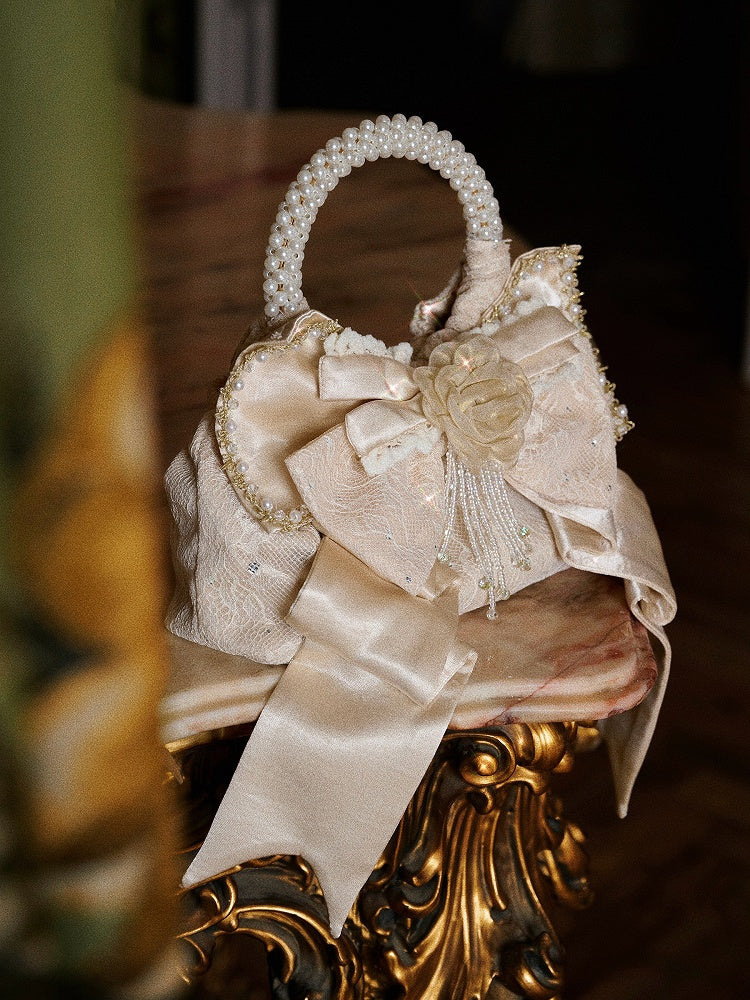 Cream Accent Satin with Bow Pearl Handbag Elegant Handle