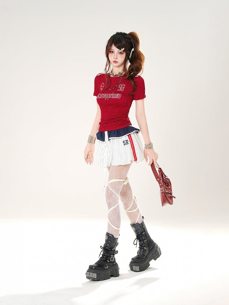 折り返しデザイン ホワイトストライプ バブルスカート セルフタイ