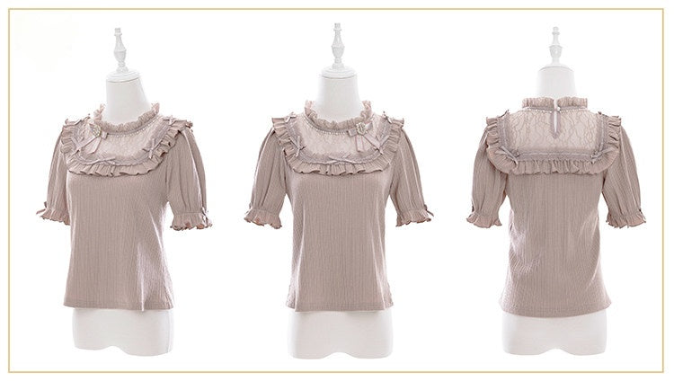 Jirai Kei Dusty Pink Blouse with Bowknot and Bead Decor, Illusion Neckline, Free Armwear - Fluffy Heart