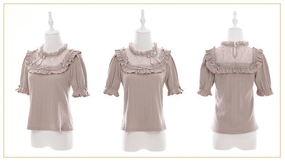 Jirai Kei Dusty Pink Blouse with Bowknot and Bead Decor, Illusion Neckline, Free Armwear - Fluffy Heart