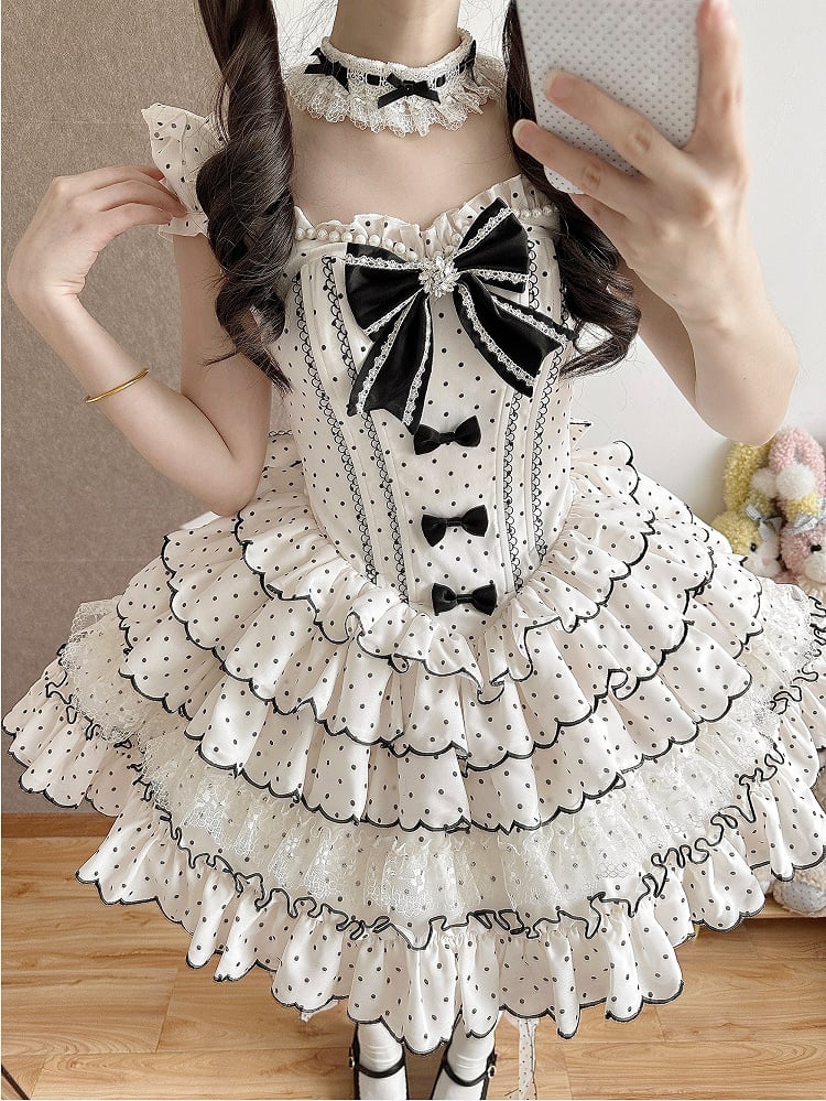 Sweet Lolita Polka Dot Dress with Versatile OP/JSK Design and Tiered Hem White