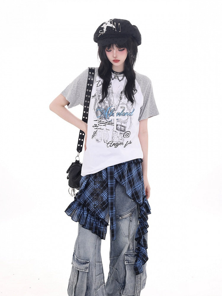 Otaku Kawaii Gray & White Polka Dot Short Sleeve T-shirt with Anime Girl Print - KNOW8 Online Shop