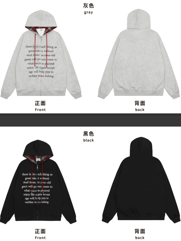 Y2K Black/Grey Letters Loose Zip Hoodie