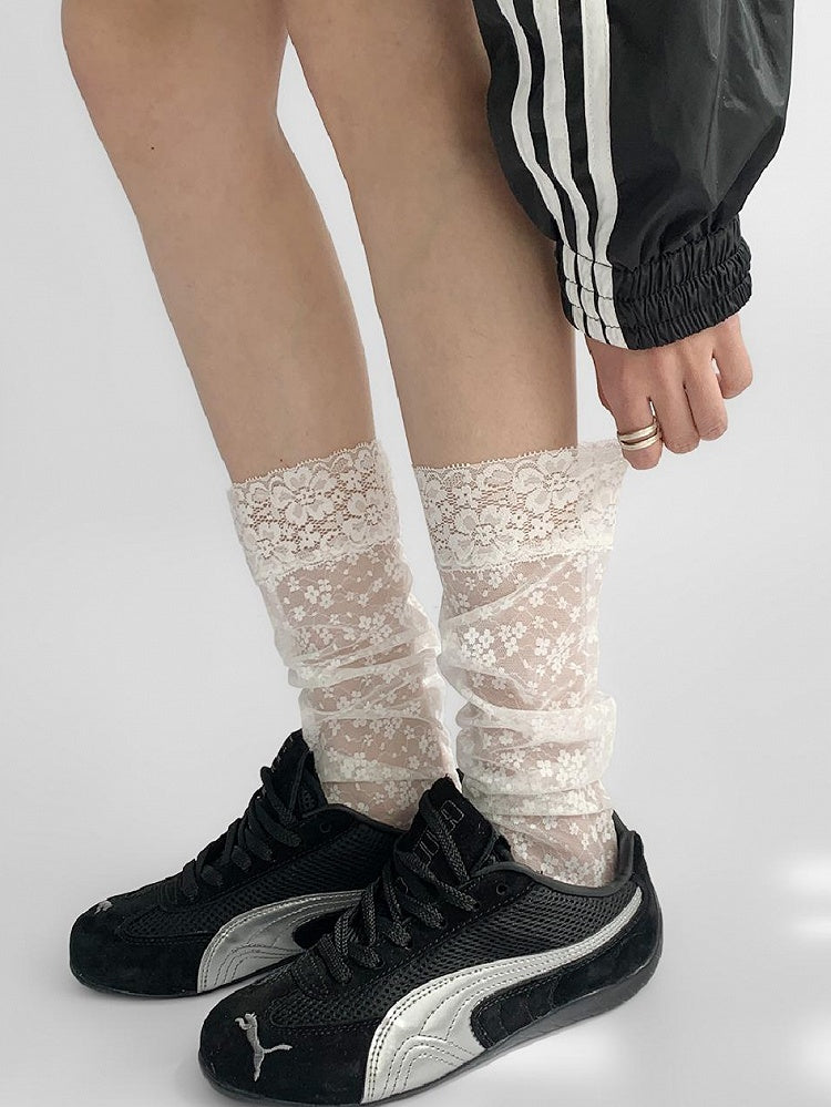 Floral Socks Calf Lace Trim White Embroidery