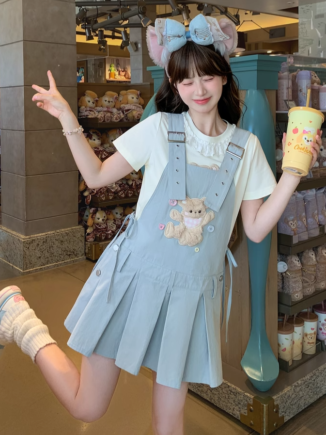 Verstellbare Plüschbär-Applikation, blaue Kellerfalte, Overall, Kleid, Träger, Schulter