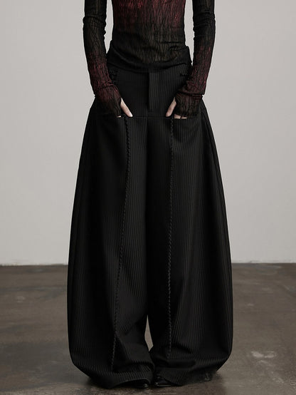 with Tie Curved Deco Pants Wide-Leg Goth Urban Black