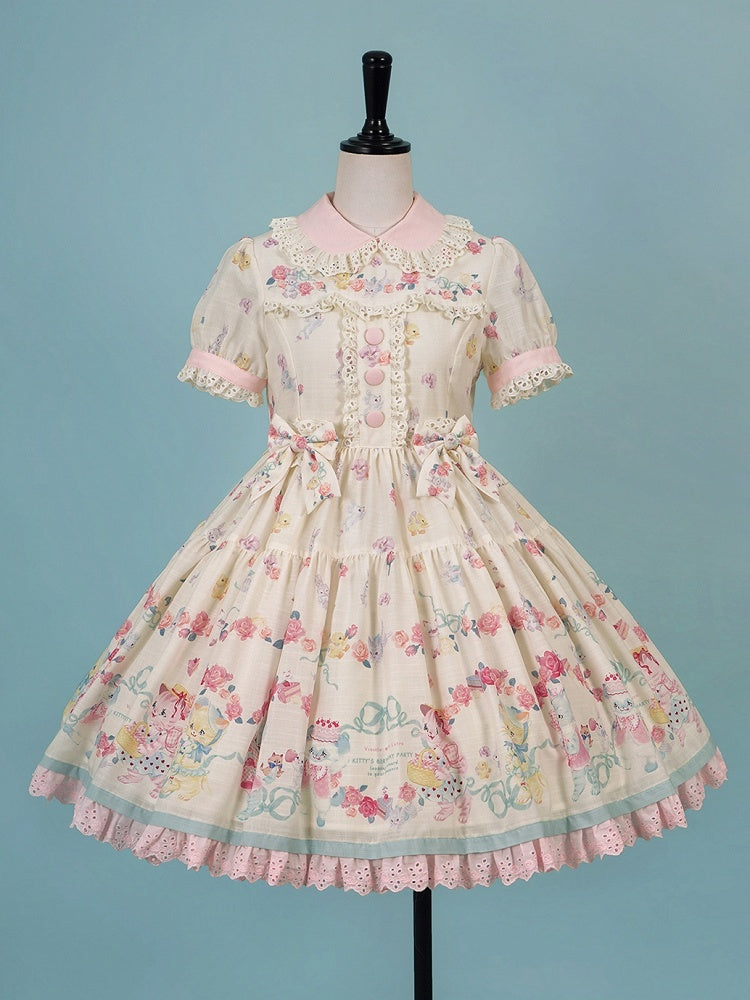 Lolita-Kätzchenkleid mit gewellter Öse und Ärmeln, Aufdruck, cremige süße Verzierungen