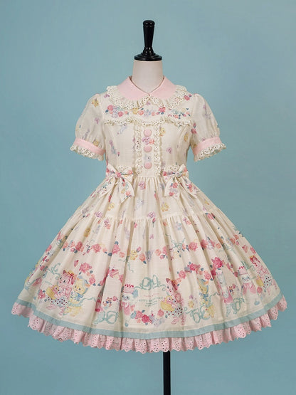 Lolita-Kätzchenkleid mit gewellter Öse und Ärmeln, Aufdruck, cremige süße Verzierungen