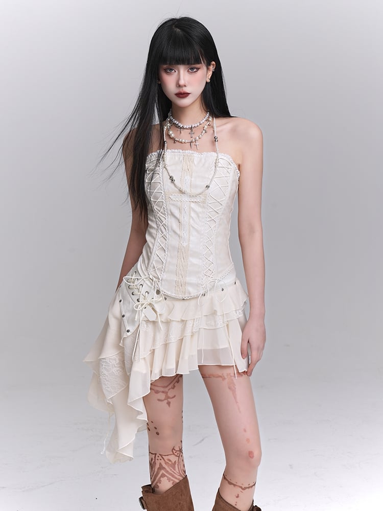 アシンメトリーヘムティアードスカート ストラップレストップ レース編み上げ ベージュクロスアップリケ /