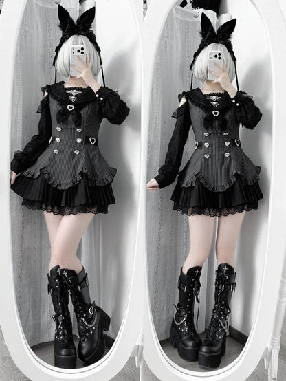 Striped Jirai Kei Two-Piece Set with Sailor Collar Cutout Shoulder Pleated Dress and Shorts in Black - Broken Bear