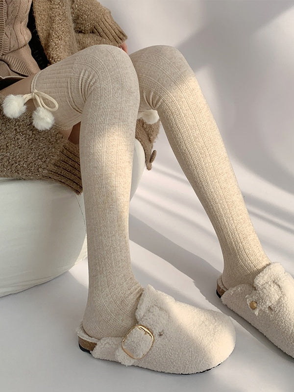 Vertical-Stripe Over Knee with Decorations Colors Pom-Pom 4 Stockings