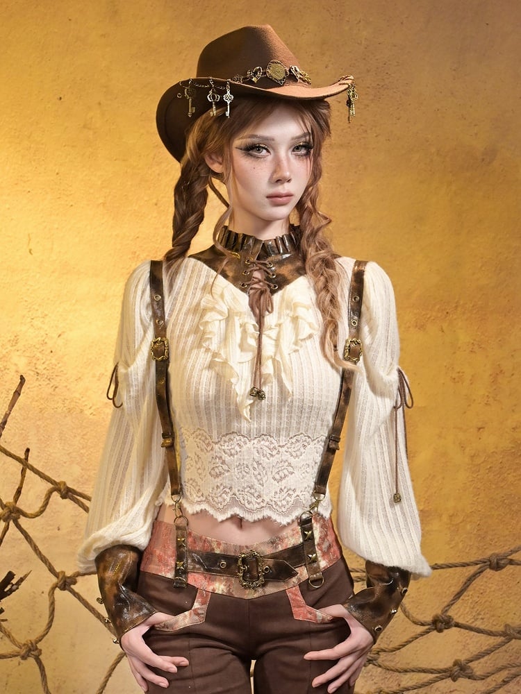 Top Knit PU Lacing Brown Steampunk Crisscross Collar + with White Cuffs
