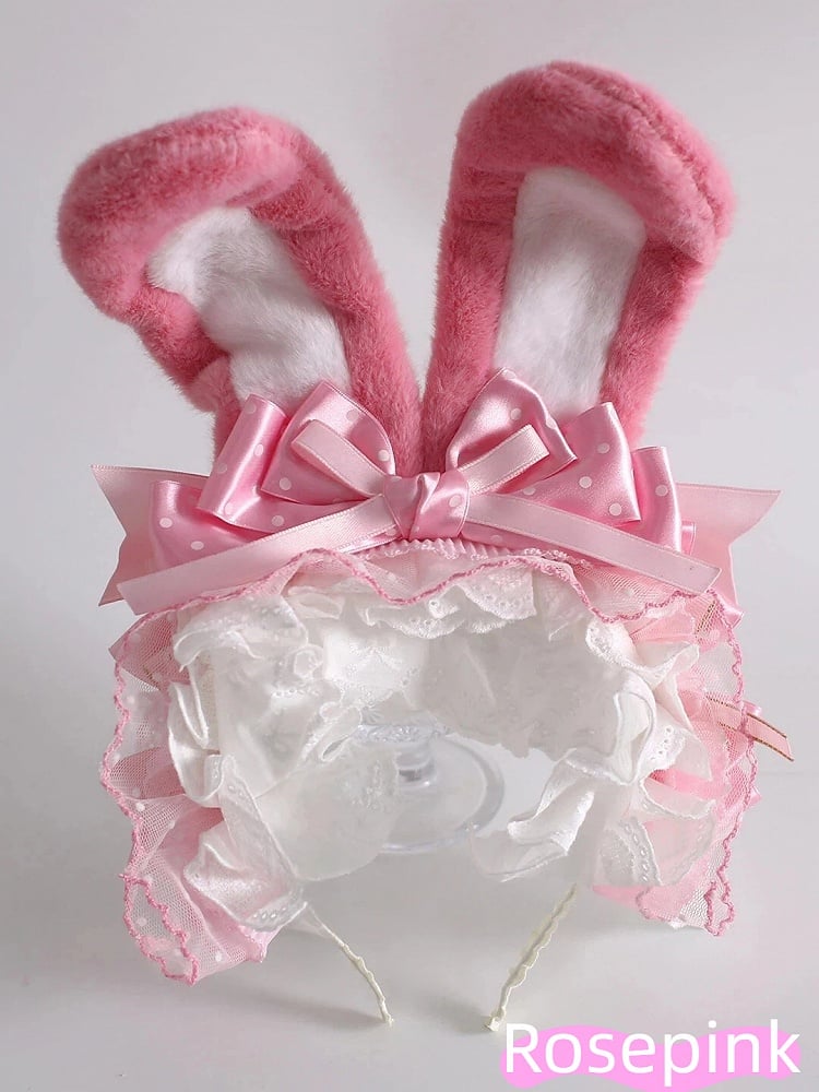 9 Colors Bunny Ear KC - Fluffy Rabbit Ears with Bow & Lace Trim