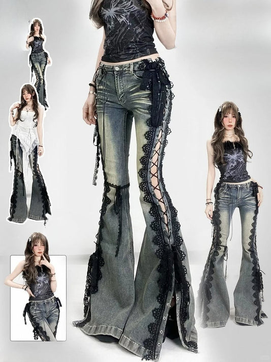 Trim Jeans Spitze Blau Bittersüß Detail Flare Glamouröse Seite Silhouette Schnürung