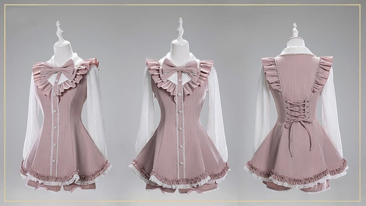 Set - Top Striped Brooch Scalloped Edge with Pink Kei Matching Shorts Bow Jirai
