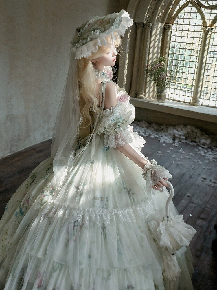 White Lace Trim Floral Print Lolita Bonnet with Veil - Sleepless Star