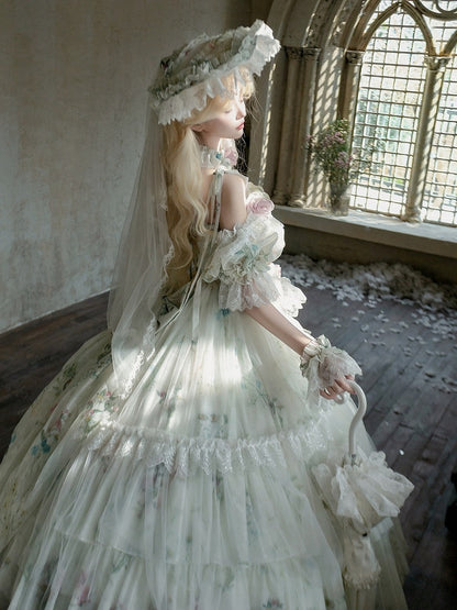 White Lace Trim Floral Print Lolita Bonnet with Veil - Sleepless Star
