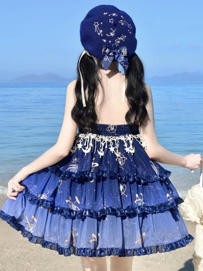ネイビーブルーの天球儀と星空エンパイアウエストのロリータジャンパースカート